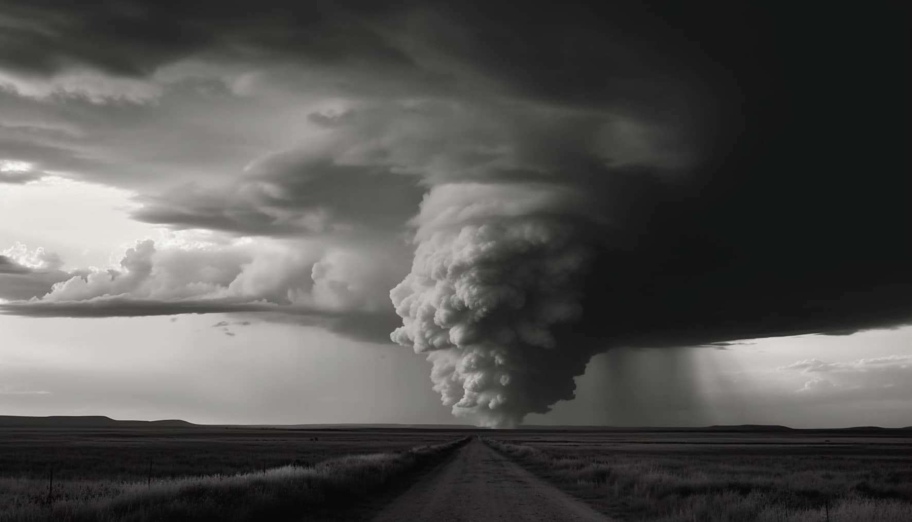 A monochrome image capturing a tornado swirling in the sky.